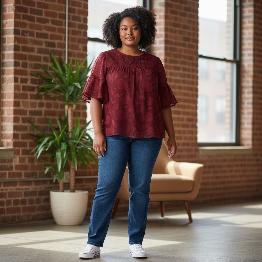 Shein Maroon Floral Burnout Blouse Flutter Sleeves Babydoll Swing Relaxed Fit L
